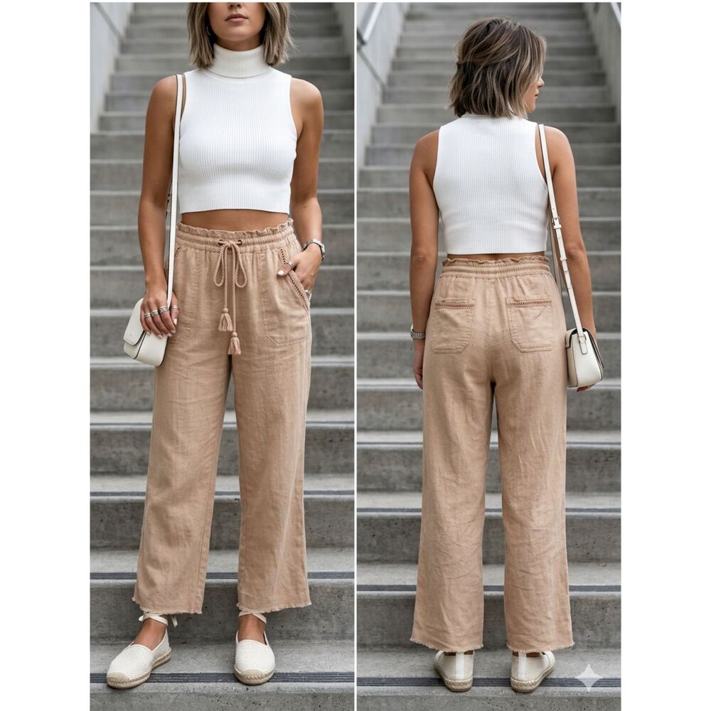 Jolt Linen Blend Drawstring Pants Sz 26 Salmon Raw Hem Embroidered Bohemian